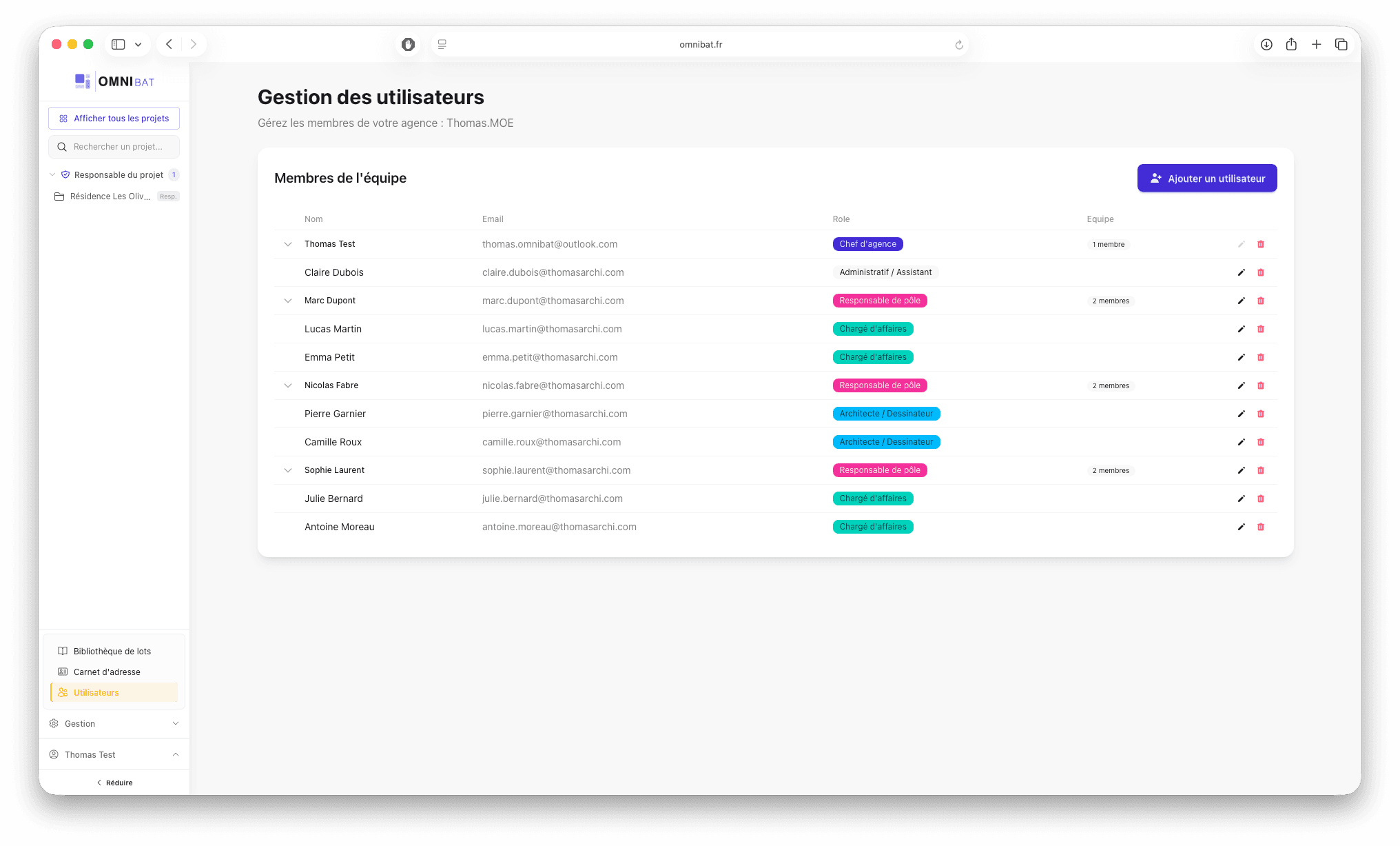 Gestion des utilisateurs Omnibat - équipe et rôles