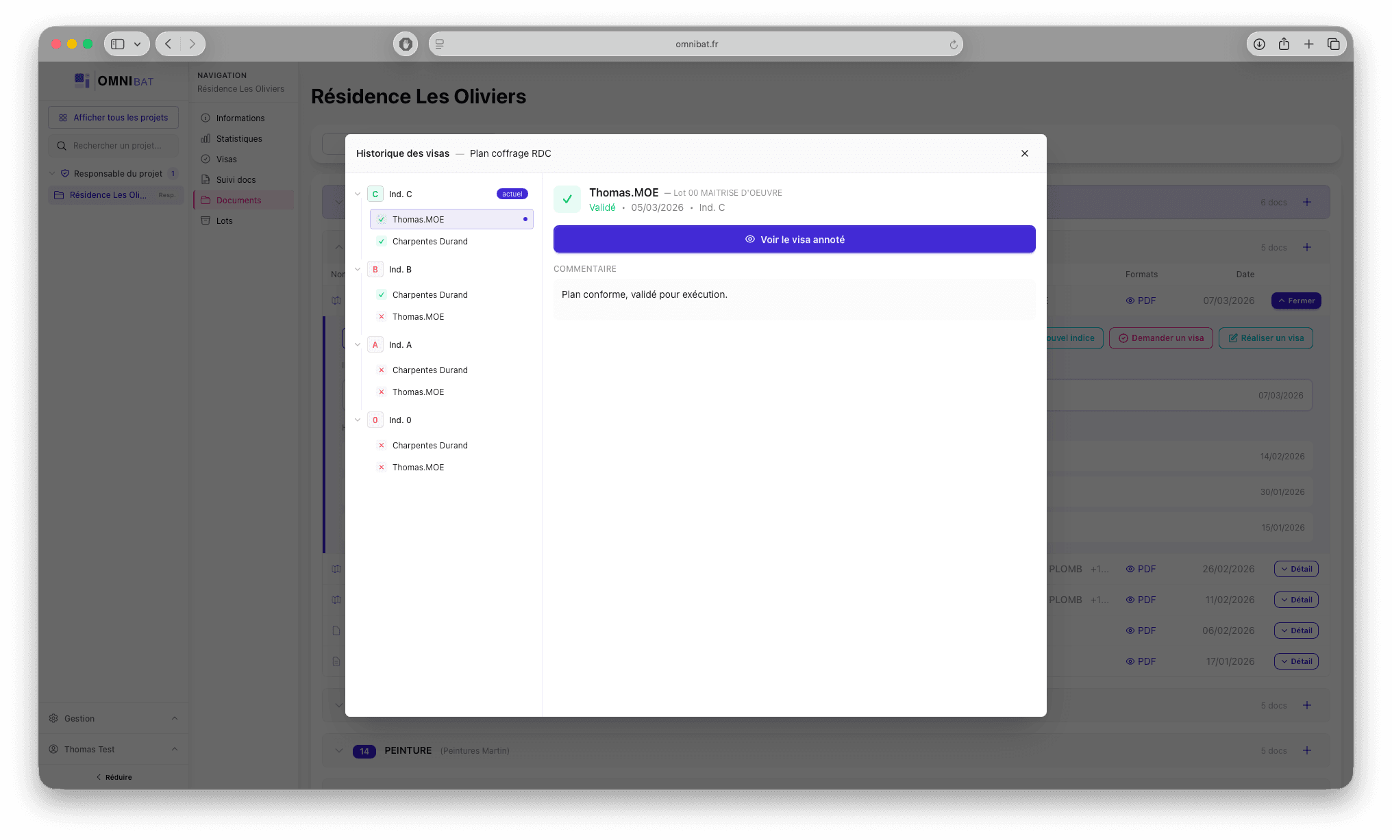 Historique des visas Omnibat - timeline par indice