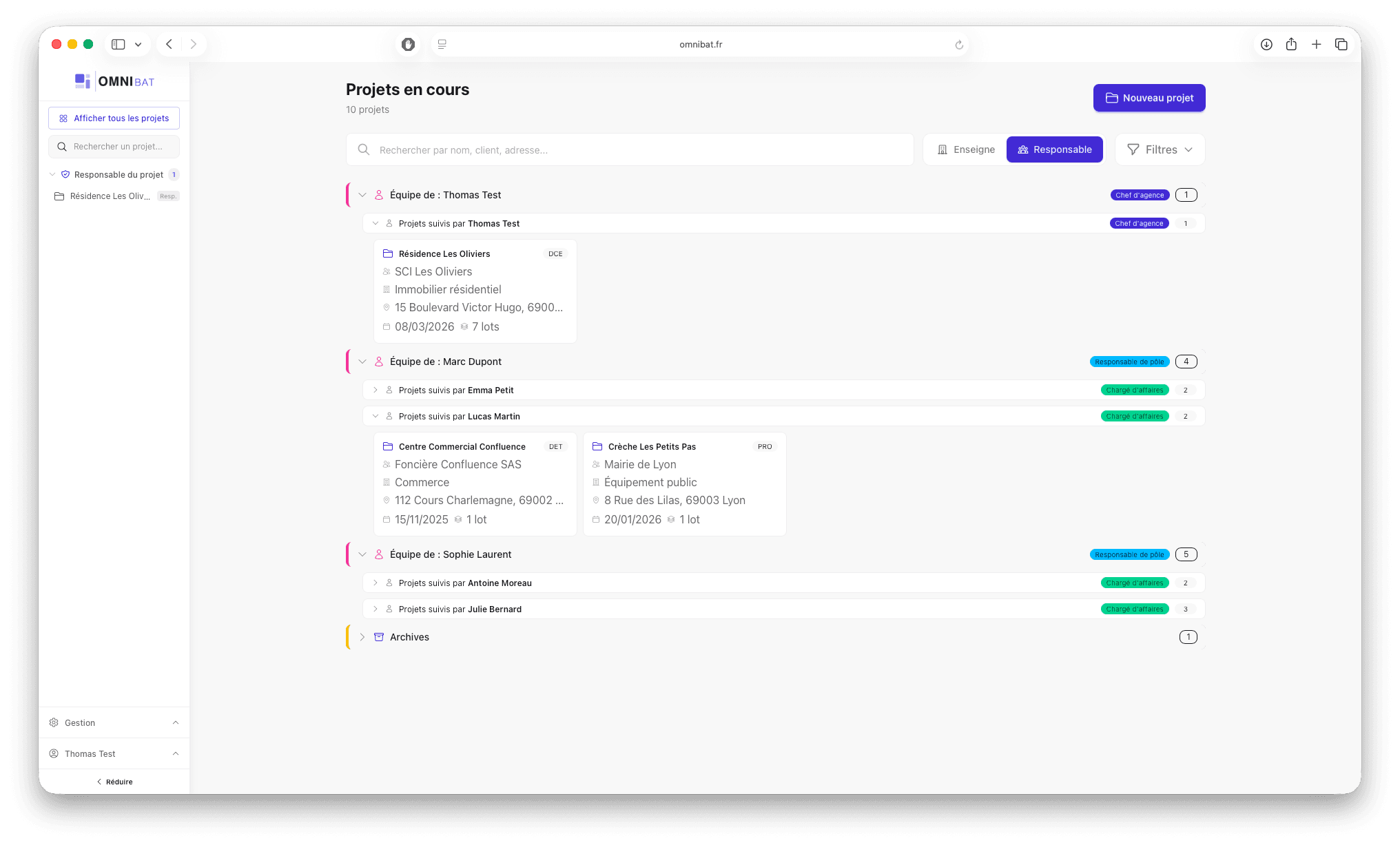 Tableau de bord Omnibat - gestion de projets