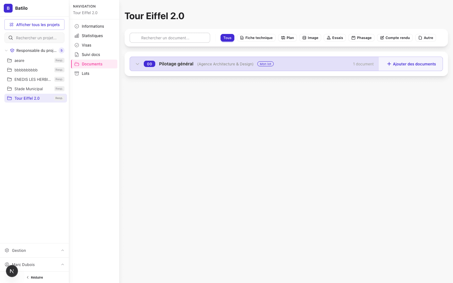 Vue documents Omnibat - recherche et organisation par lot