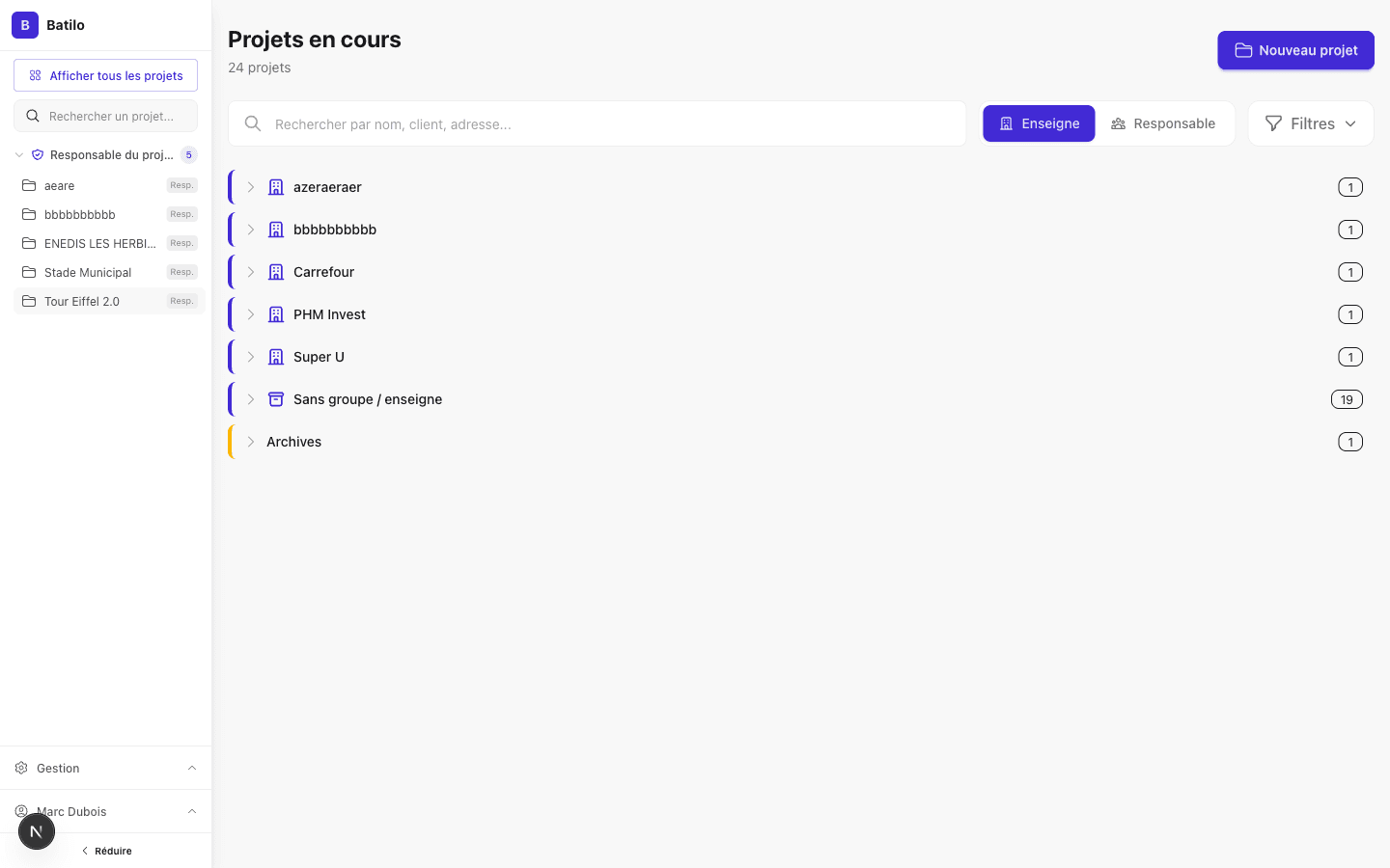 Tableau de bord Omnibat - gestion de projets
